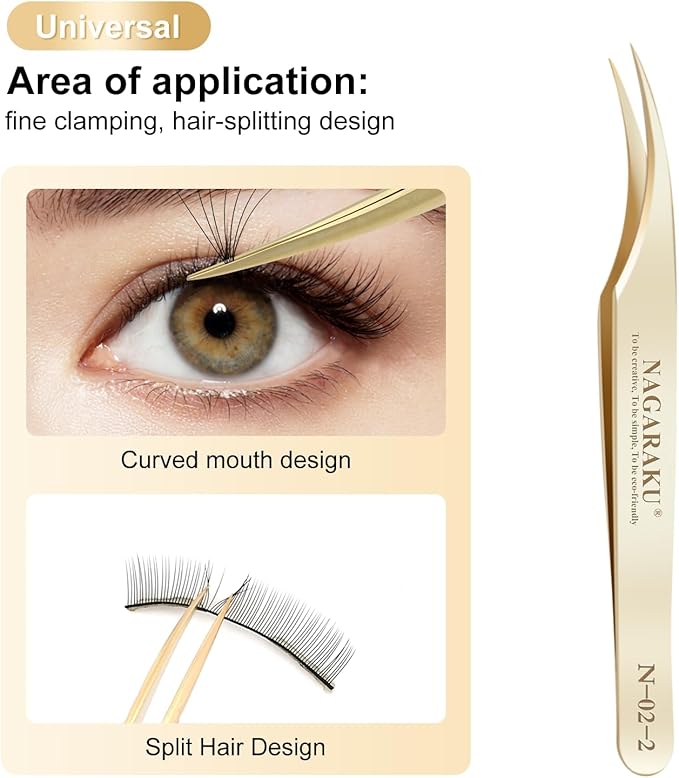 NAGARAKU Eyelash Extension Tweezers Gold Straight Curved Angled Long tip Volume Cluster Light Weight Easy Fanning Tweezer Stainless Steel Precision 1 Pair Lash Applicator Tool (N-02-2 & N-03-2)