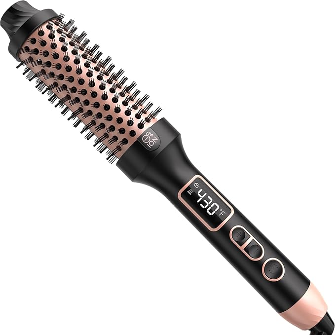 Nimmu Thermal Brush for Blowout Look, 1.5 inch Heated Round Brush, Curling Iron with 10 Temperature Control, Hot Styler Dual Voltage for Travel, Black Gold