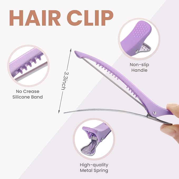 Hair Clips for Styling - 6 pcs No Crease Hair Clips for Women - Non Slip Duck Billed Hair Roller Clips with Silicone Band - Salon Hair Sectioning Clips