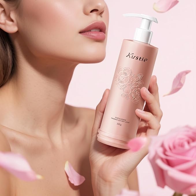 Kustie Rose Body Lotion with Real Rose Water & Macadamia Oil – Lightweight Silky Moisturizer with Hyaluronic Acid – Non-Greasy, Long-Lasting Floral Scent, 8.4 Fl Oz