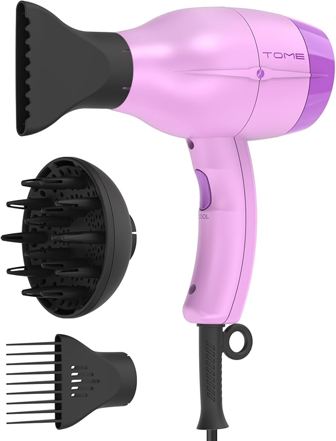 TOME Hair Dryer with Diffuser Blow Dryer Ionic 1875W Cool Shot Curly Hair Teeth Comb Nozzle attachments Light Weight Low Noise Fast Dry Purple