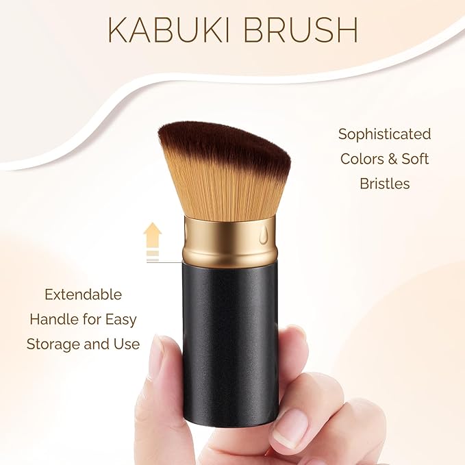 Retractable Kabuki Makeup Brush - Portable Travel Face Brush with Cover, Soft Synthetic Bristles for Blush, Bronzer, Powder, Foundation & Sunscreen, Flawless Application On-the-Go (Black)
