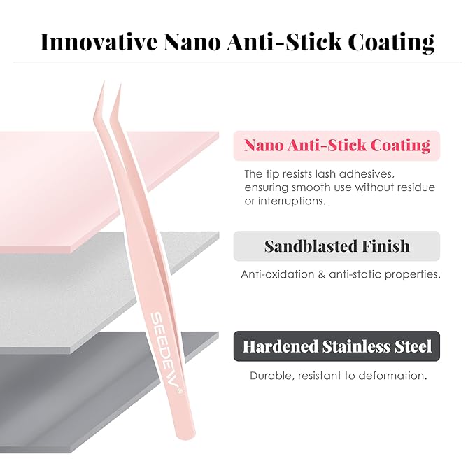 Tweezer P02 for DIY Lashes, Lash Application Tool, 1 PC Pointy Nano Coating Non-Stick Stainless Steel Curved Tweezer with a Protective Case, for Self-Adhesive/Pop-On Eyelash Extensions(Pink)