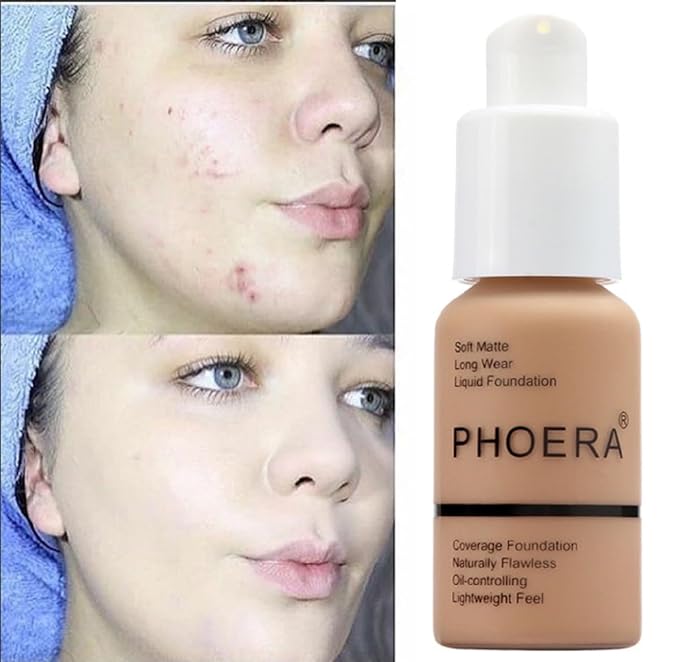 2 Pack PHOERA Foundation 101- Porcelain and102- Nude, Full Coverage Flawless Soft Matte 24 HR Oil Control Waterproof Concealer Makeup.