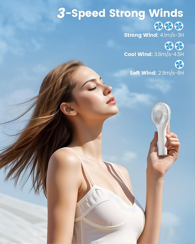 Portable Mini Fan - Powerful Personal Handheld Fan with 3 Speeds, Cute and Small, USB Rechargeable for Travel/Lash/Makeup/Outdoor/Home, White
