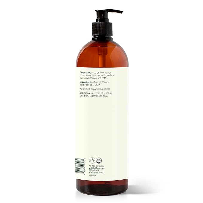 Plant Therapy Organic Fractionated Coconut Oil with Pump 32 oz, 100% Pure, USDA Certified, Liquid Coconut Oil for Essential Oils, Body Care, Massage, and Aromatherapy