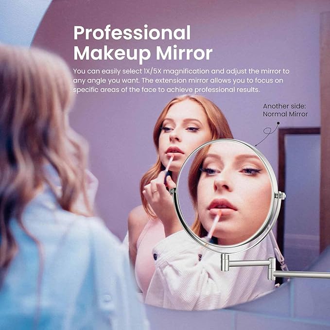 KIBI Circular Wall Mount Makeup Mirror, Dual-Sided 1x/5x Magnifying Mirror with Extendable Arm, 360° Swivel, Solid Brass Construction for Durability and Style (Brushed Nickel, KMM100)