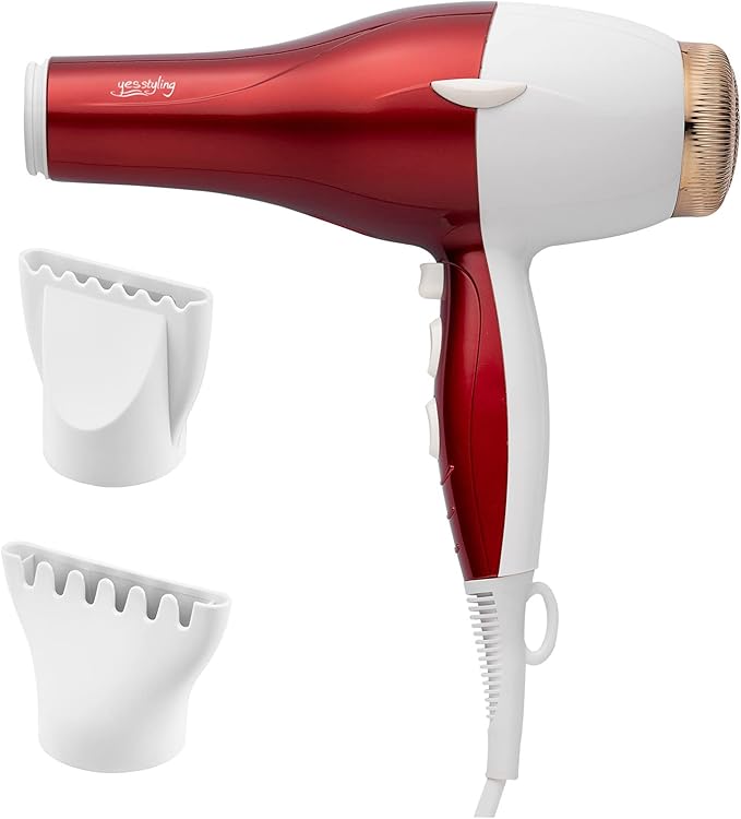 Professional Salon Hair Dryer, 1875W Blow Dryer, 2 Concentrator Nozzles, 3 Heat Settings, 2 Speed Slide Switch, Cool Shot Button, Fast Drying for Family, Low Noise (Red and White)