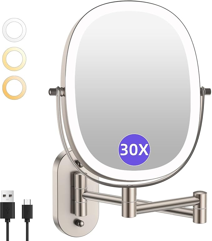 FUNTOUCH 30X/1X Wall Mounted Lighted Makeup Mirror,5000mAh Rechargeable Double Sided Magnifying Bathroom Lighted Mirror, 3 Color Modes Touch Dimmable Extended Arm 360 Rotation, Brush Nickel