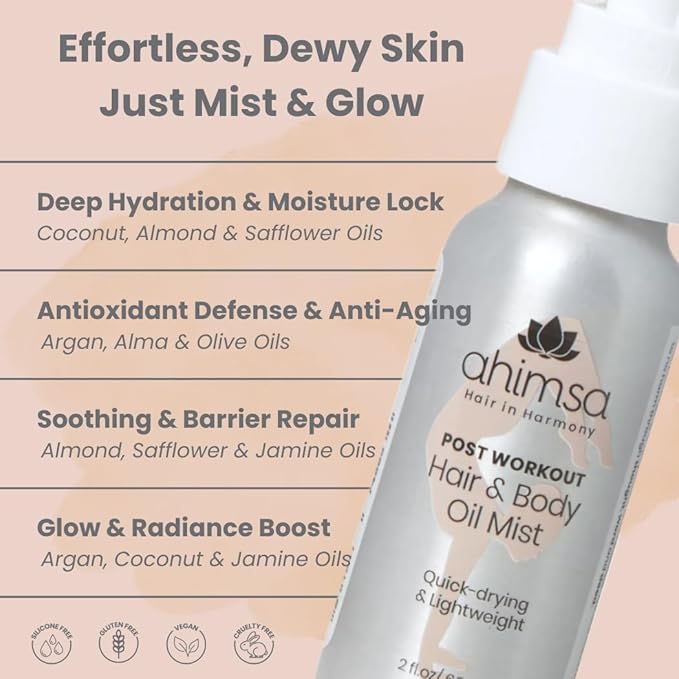 Ahimsa Vegan Hair & Body Glow Spray – Fast-Drying, Non-Greasy Dry Oil with Coconut, Amla & Argan – Lightweight for Shiny Hair & Soft Skin – Natural, Silicone-Free, Cruelty-Free