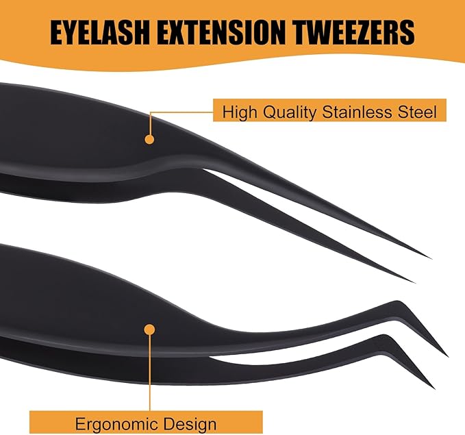 Lash Extension Tweezers, Professional Fiber Tip Lash Tweezer Set for Classic & Volume Lashes, High Precision Eyelash Tweezers Kit– Black Set of 2, Ideal for Lashes Artists