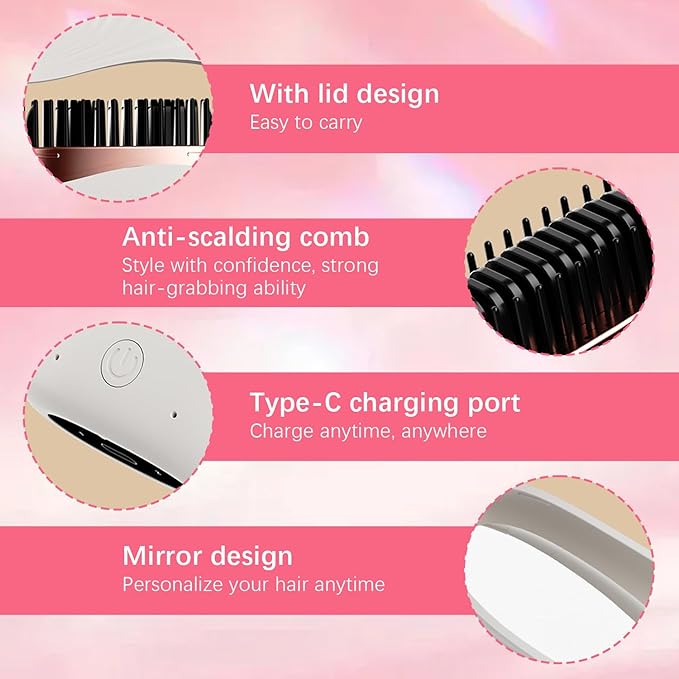 Mini Hair Straightener, New Rechargeable Wireless Portable Hair Straightener Comb, 2-Speed Temperature Control, Cordless Mini Hair Straightener Brush, Heat-Resistant Shell Travel Comb