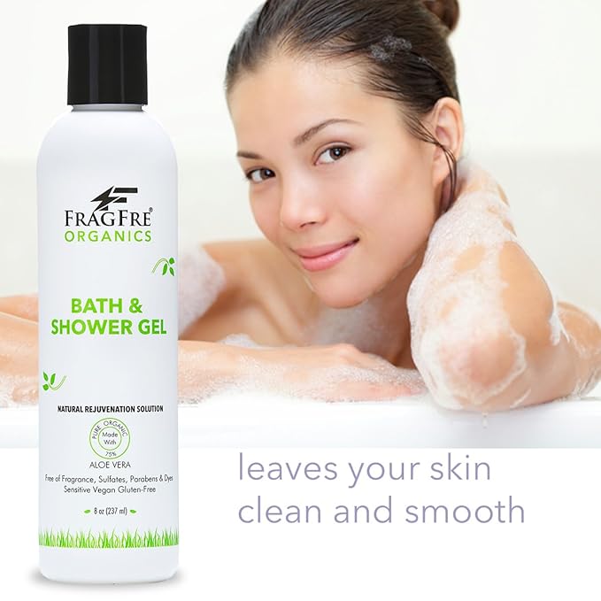 Organic Shower Gel 8 oz - Fragrance Free Sulfate Free Parabens Free - for Normal and Dry Sensitive Skins - Gluten Free Vegan Cruelty Free - Organic Aloe Vera Bath Shower Gel - pure Natural