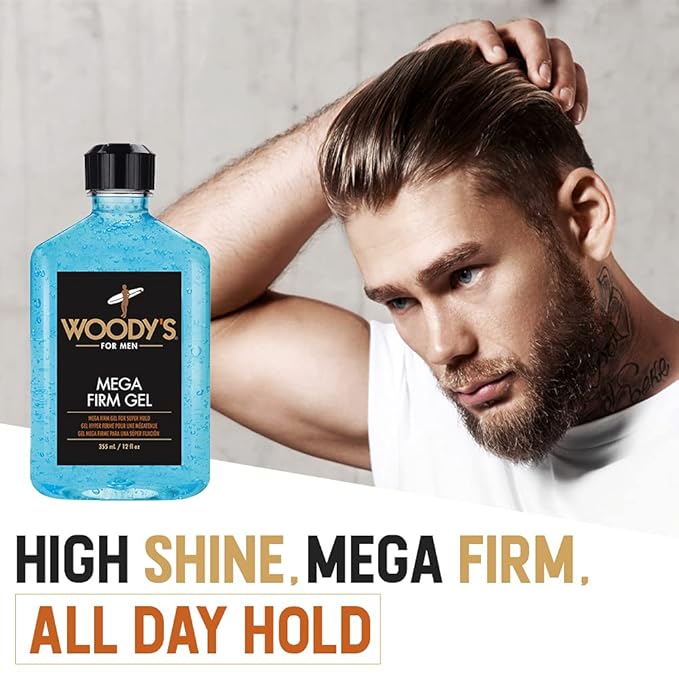 Woody's Mega Firm Hair Gel for Men, Strong Hold, Alcohol-Free, No Flakes, Men's Hair Gel for Strong Hold Styling, Mens Styling Gel - 12 fl oz