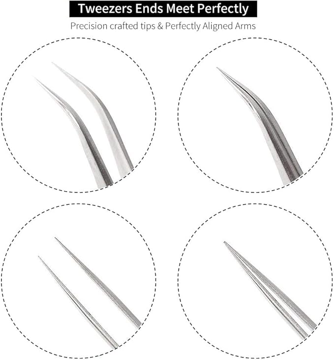 Best Eyelash Extension Tweezer Set - FEITA Pro Straight & Curved Pointy Precision Fine Tip Tweezers for Lash Extensions - Silver - 2Pcs