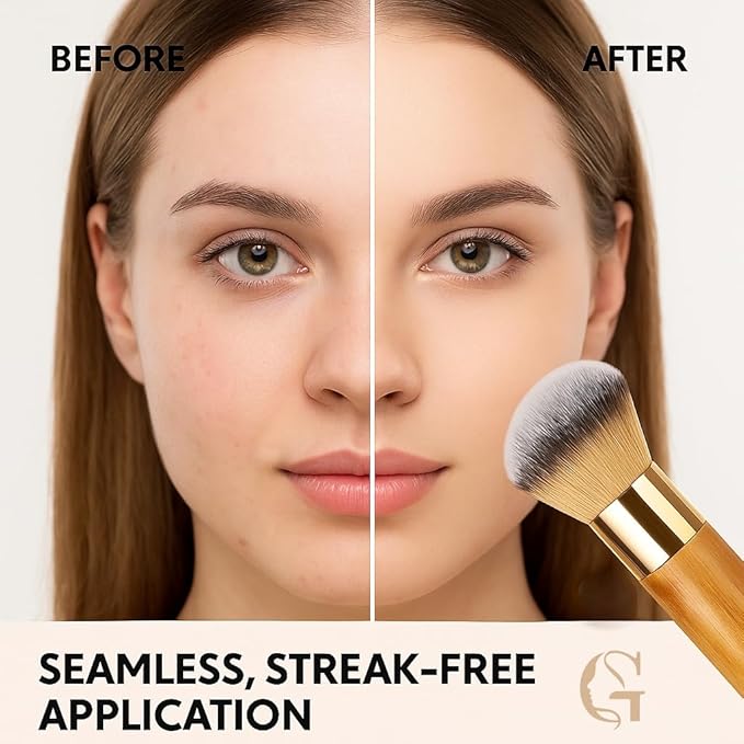 Kabuki Self Tanning Brush - Ultra Soft Kabuki Makeup Brush for Face & Body, Flawless Streak-Free Self Tanner Applicator, Powder Foundation, Bronzer, Tanning Mousse & Shimmer Glow - Bamboo Handle