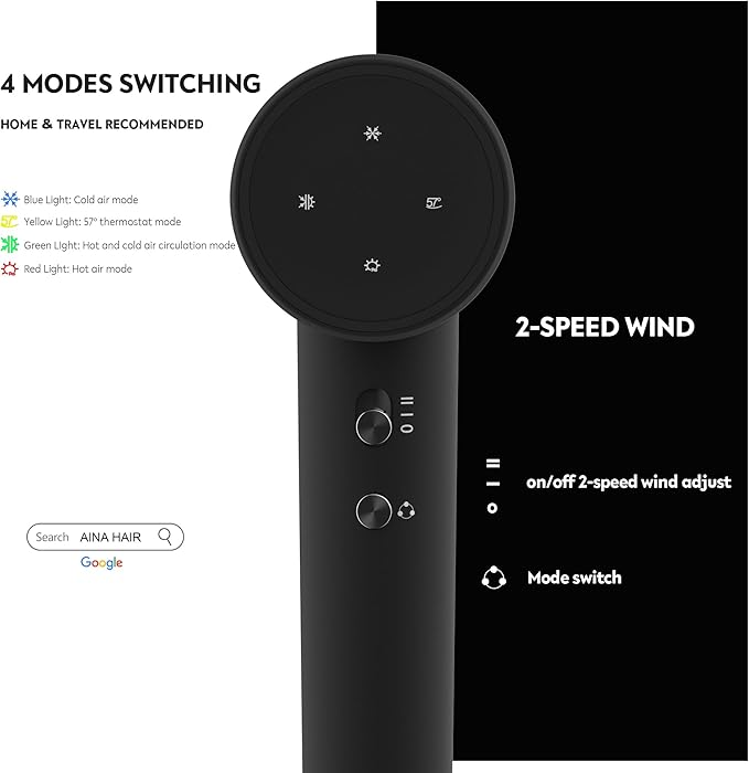 AINA Hair Dryer, Blow Dryer - Brushless Motor, 110,000 RPM Lightweight, Ionic Travel 110V/ALCI Plug(Vader Black)