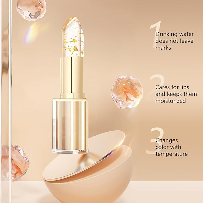 2Pcs Transferproof Color Changing Lipstick, Gold Crystal Color Changing Lipstick, Moisturizer Long Lasting Lip Balm for Women