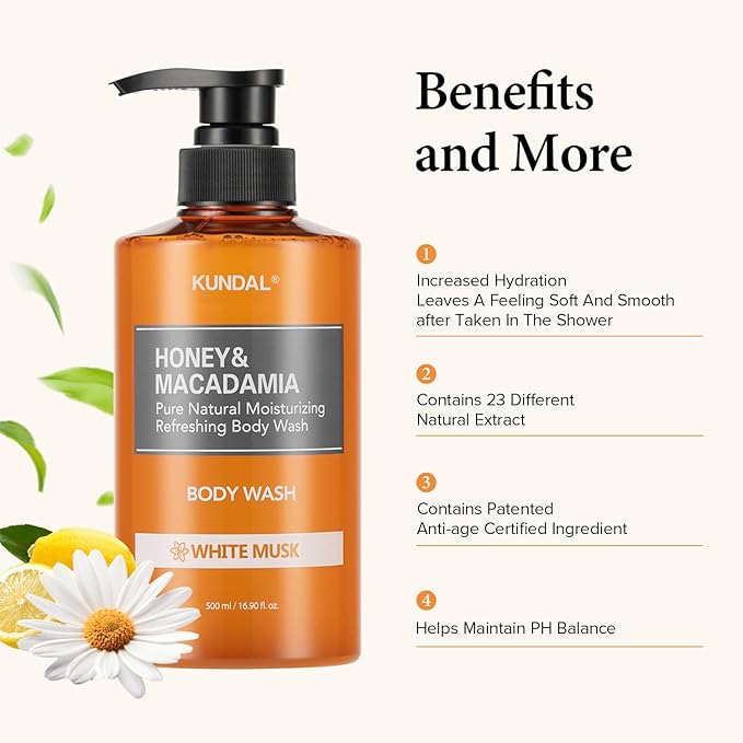 KUNDAL Nature Honey & Macadamia Natural Moisturizing Body Wash Deep Nourishment, Natural Extracts Blend, 10,000 ppm Honey, Safe for All Ages, Soft & Smooth Skin 16.9 fl oz (Pack of 1) (White Musk)