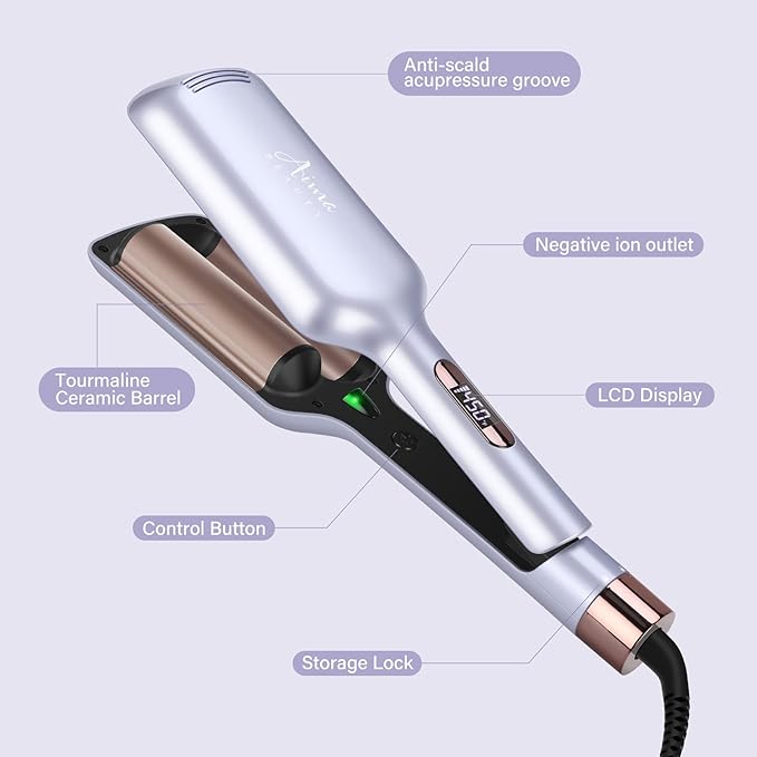 32mm Aima Beauty 2 Barrel Curling Wand Big Wave Mermaid Hair Waver, Anti-Scald Curling Iron, Negative Ionic Emitter Lock Moisture Worldwide Dual Voltage Medium/Long Hair (Purple)