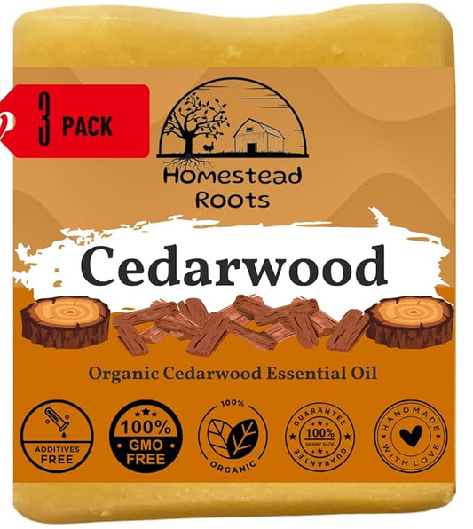 -Cedarwood- Grass-Fed Beef Tallow and Organic Oils - Scented with Organic Essential Oils - Artisanal Bar Soap - 3 Pack - Each Bar Unique-
