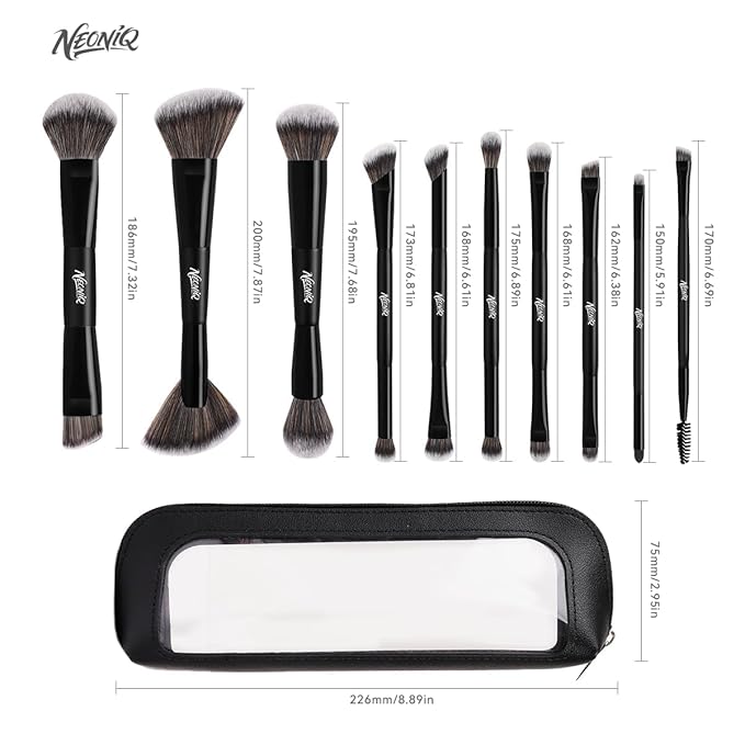 10 PCS Foundation Contour Conceal Brush Set With Bag, Makeup Brushes, Double-End Multi-functional Brushes for Foundation Powder Blush Eyeliner Eyeshadows, Professional Face Brush Set（Black）