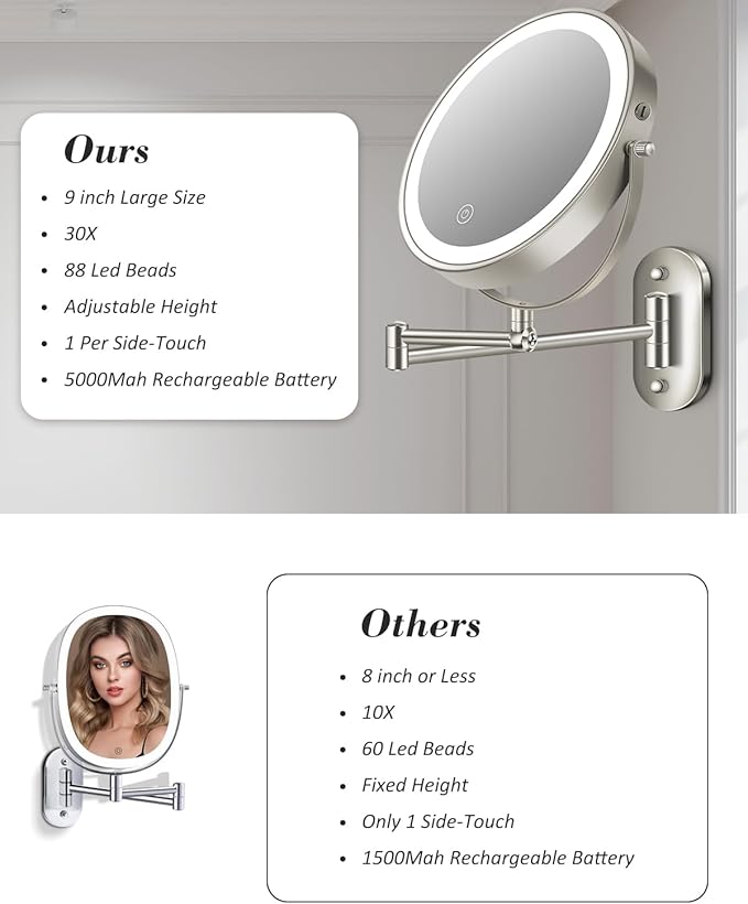30X/1X Wall Mounted Lighted Makeup Mirror, 9'' Height Adjustable Double Sided 5000mAh Rechargeable Magnifying Bathroom Mirror with Light, 3 Color Modes Touch Dimmable Extended Arm 360 Rotation