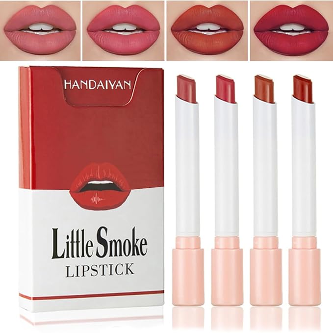 4 Colors Mini Matte Lipstick Little Tube Lip Stain, Velvet Smooth Lip Stick, Long Lasting & Waterproof 24 Hours Non-Sticky Labiales Lipstick (Set C)