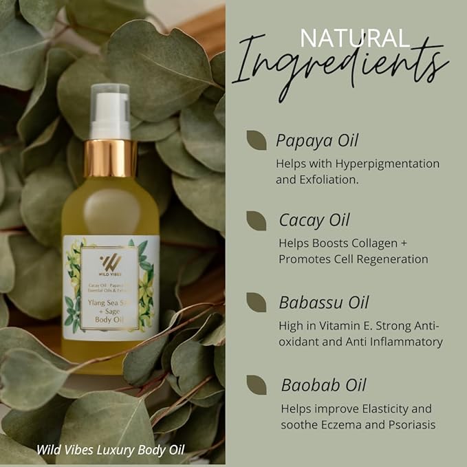 Wild Vibes Sea Salt & Sage Body Oil for Women After Shower – Lightweight Jojoba, Papaya Seed & Cacay Oil with Vitamin E – Hydrating Botanical Blend for Smooth, Rejuvenated Skin 4oz