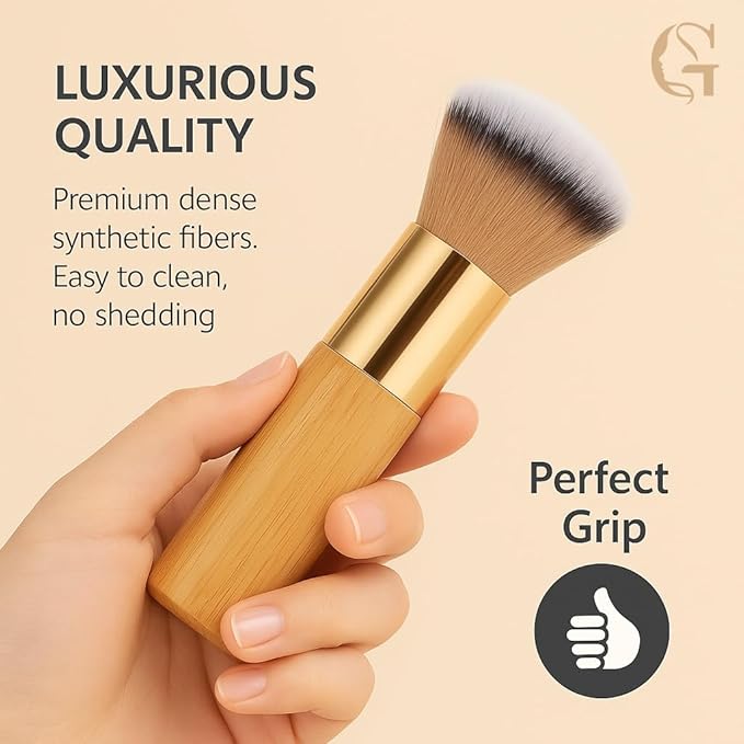 Kabuki Self Tanning Brush - Ultra Soft Kabuki Makeup Brush for Face & Body, Flawless Streak-Free Self Tanner Applicator, Powder Foundation, Bronzer, Tanning Mousse & Shimmer Glow - Bamboo Handle