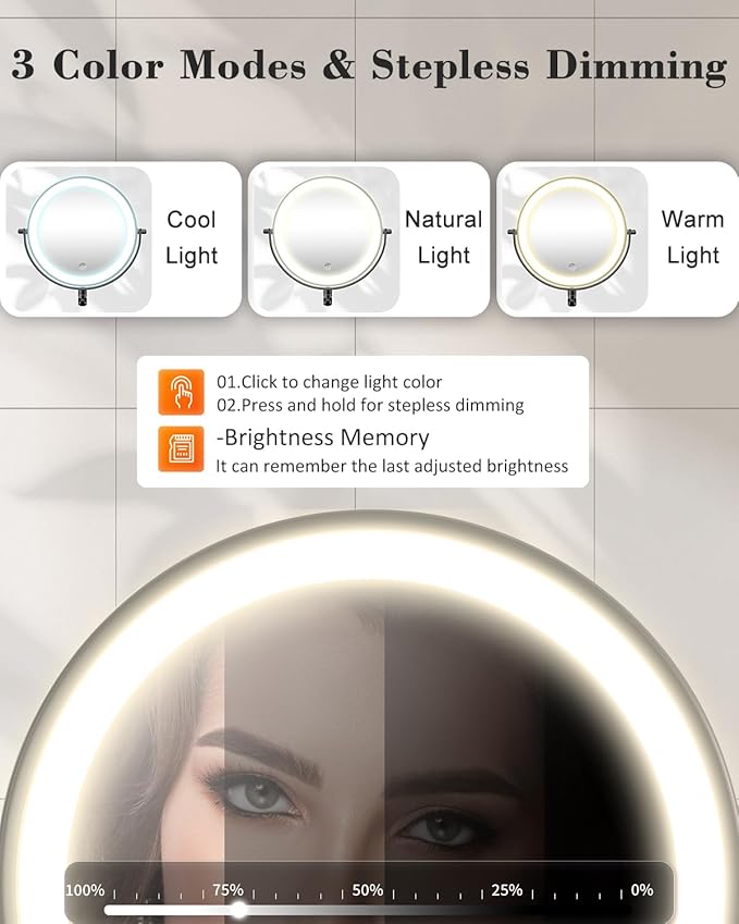 30X/1X Wall Mounted Lighted Makeup Mirror, 9'' Height Adjustable Double Sided 5000mAh Rechargeable Magnifying Bathroom Mirror with Light, 3 Color Modes Touch Dimmable Extended Arm 360 Rotation