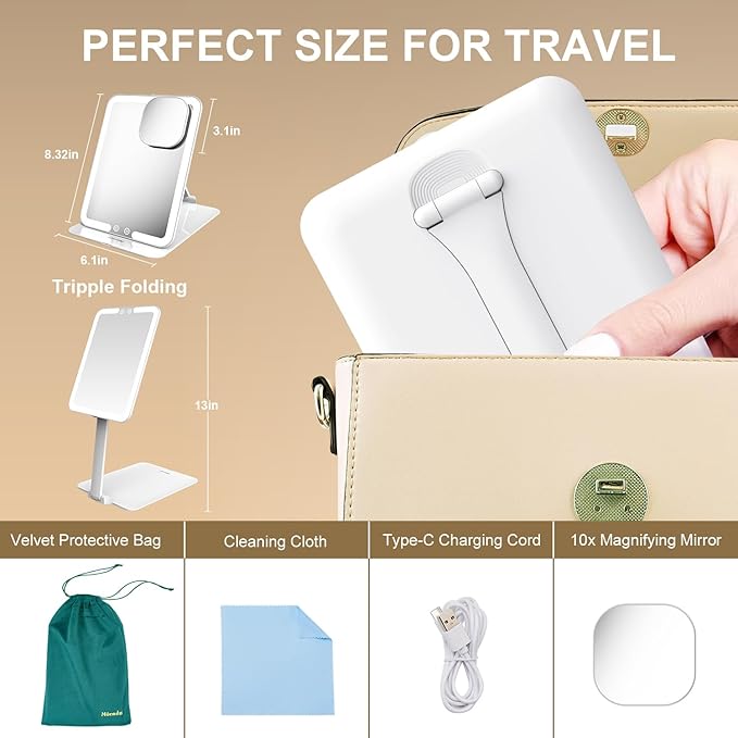 Mocado Travel Makeup Mirror with Light, Tripple Folding Vanity Mirror with Lights, 3 Colors Lighted Makeup Mirror, 1500mAh Rechargeable, Memory Function, Freely Adjust Height and Angle(White)