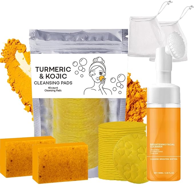 4Pcs Turmeric Wash and Care Set,Tuemeric Facial Cleanser, Turmeric Cleansing Exfoliating Pads,Handmade Soap Bubble Mesh Bags,Turmeric Soap Combo,Skin Care Set for Face & Body,Deep Cleansing