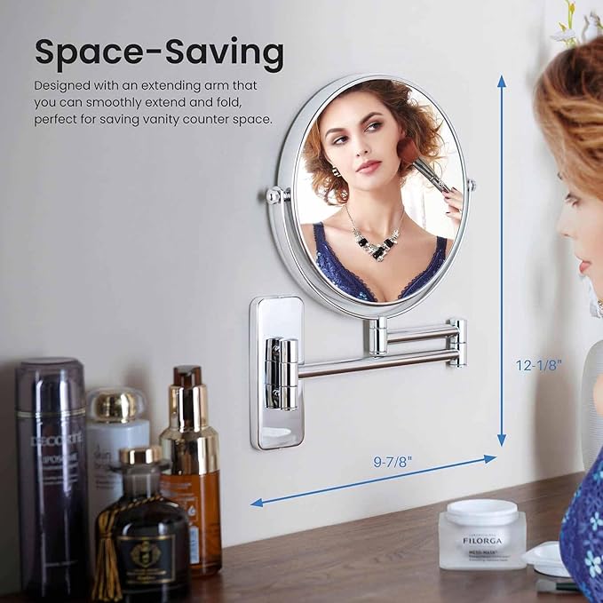KIBI Circular Wall Mount Makeup Mirror, Dual-Sided 1x/5x Magnifying Mirror with Extendable Arm, 360° Swivel, Solid Brass Construction for Durability and Style (Chrome, KMM100)