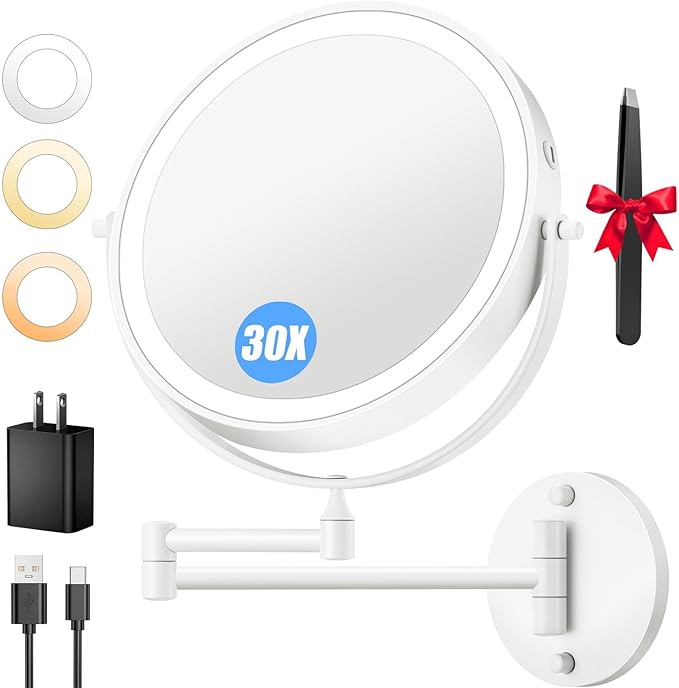 9'' 30X/1X Wall Mounted Lighted Makeup Mirror, 5000mAh Rechargeable Double-Sided Magnifying Mirror with Light, Vanity Mirror Touch Dimmable 3 Colors 360° Rotation Extended Foldable Arm, Power Adapter
