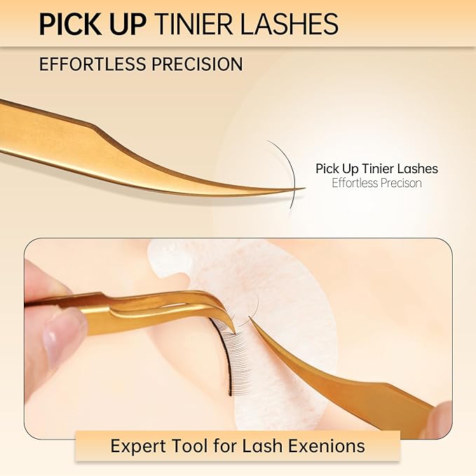 MGER Lash Tweezers for Eyelash Extensions, Professional Hand Calibrated Dolphin tip Tweezers&eyelash tweezers for lash extensions, isolation tweezers eyelash extensions, Gold