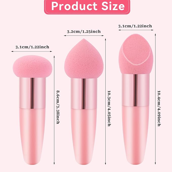 3 Pcs Makeup Foundation Sponge Pink Beauty Blender Sponge Makeup Sponge Cosmetic Powder Puff Concealer Face Brush with Handle Beauty Sponge Applicator Makeup Brush