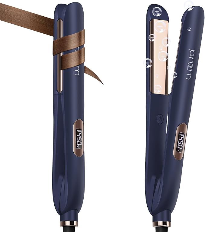 Prizm 1.25 inch (32mm) Flat Iron, Hair Straightener and Curler 2 in 1, Fast Heating Ceramic & Adjust Temp 330°F to 450°F, Dual Voltage Hair Iron for Travel, Gift, Auto Shut-Off, Prussian Blue