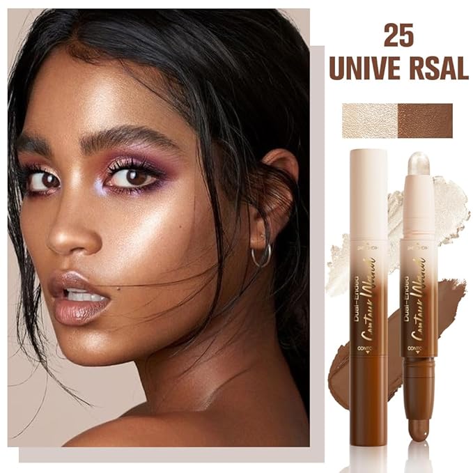 2in1 Nuetral Nude+Silver Shimmer Cream Contour Highlighter Stick, Dual-Ended Highlighter Makeup Contour Stick, Contour Stick Dual Ended For Face Body Makeup, Long Lasting Waterproof for All Skin Tones