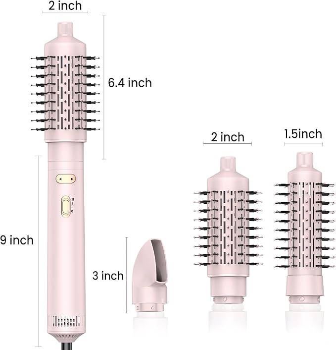 3 in 1 Rotating Hair Dryer Brush Spinning with Detachable Brush(2" & 1.5"),Negative Ionic Brush Blow Dryer 100-120V,3 Heats and 2 Speeds Rotating Hot Air Brush for Curling,Straight,Drying