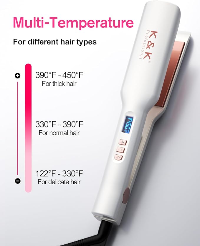 K&K Wide Flat Iron Hair Straighteners, Salon Quality 1.65 Inch Negative Ion Function Flat Irons, Ceramic Tourmaline Coated Plate for Less Frizz, Shinier & Smoother Hair