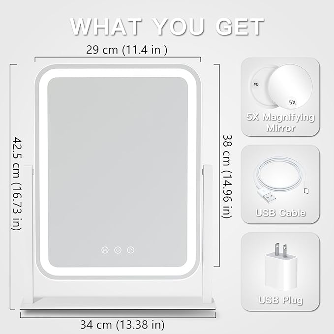 HIEEY Vanity Mirror with Lights, 16.7'' x 13.4'' Makeup Mirror with Lights, Three Color Lighting Modes, and 5X Magnification Mirror, Smart Touch Control, 360°Rotation (White,Gift Box)