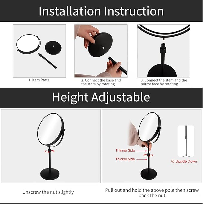 Nicesail 19 Inch Tall Makeup Mirror with 10X Magnification, 8 Inch Magnifying Mirror Tabletop with Pedestal, Height Adjustable Black (8 Inch, 10X)
