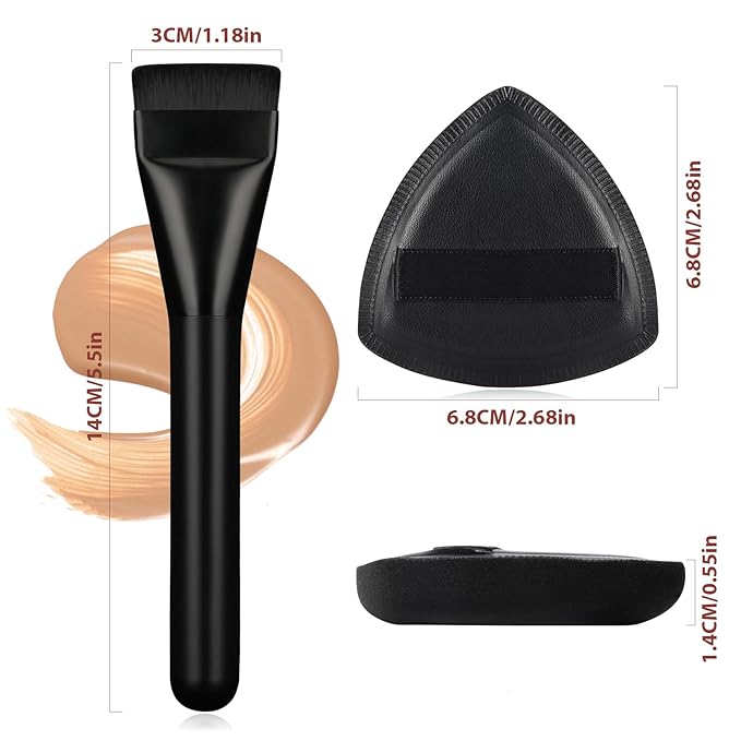 Flat Foundation Brush for Liquid Makeup with Powder Puff Fast Flawless Flat Top Kabuki Makeup Brushes Face Cosmetics Concealer Brush for Liquid, Blending, Powder, Cream, Blush, Buffing Black