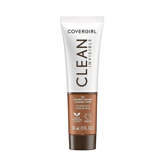 COVERGIRL Clean Invisible Foundation Makeup, Dewy & Glowy Natural Finish, Buildable Coverage, Skin-Like Smooth Look, Vegan, Golden Caramel, 1oz