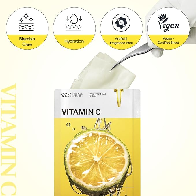 Mediheal Vitamin C Essential Sheet Mask Clear Toning 10 pcs. 99% Pure Vitamin C & 10 Vita Actives for hydration, blemish. Vegan formula.
