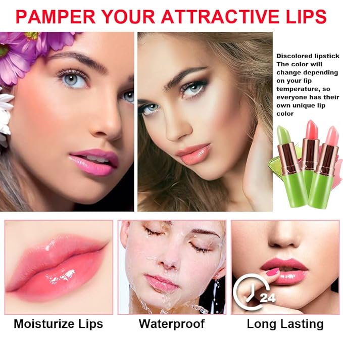 BINGBRUSH Aloe vera Color Changing Lipstick,Moisturizer Long Lasting Lip Care Magic Lip Gloss,Makeup Lipstick Set (3pcs Aloe+Strawberry+ Peach, 3 Count (Pack of 1))