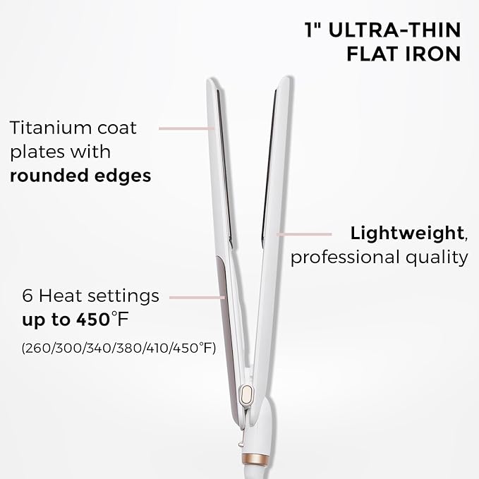Ultra Thin Titanium Flat Iron Hair Straightener, 1 Inch Double Side Fast Heating Styling Iron for Straightening or Curling, Dual Voltage Real-Time Temp Display, White