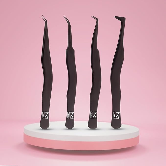 M LASH Eyelash Tweezers for Eyelash Extensions (Set of 4) - Professional Lash Extension Tweezers - Fiber Tip Lash Tweezers, Japanese Steel, Diamond Grip For Flawless Application (Black)