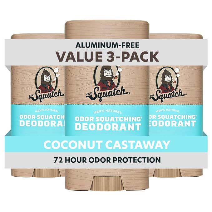 Dr. Squatch Natural Deodorant for Men - Odor-Squatching Aluminum Free - Coconut Castaway (2.65 oz, 3-Pack)